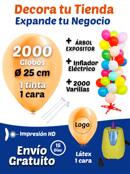2000 Globos Personalizados Metalizados + 2000 Varillas + Inflador Eléctrico + Expositor Pack Decora Tu Tienda