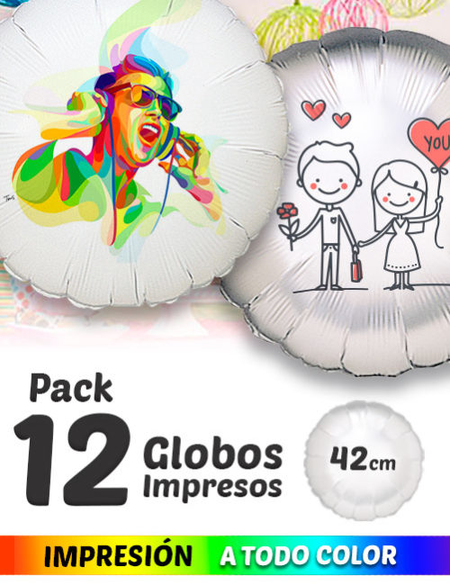Pack de 12 Globos de Helio Personalizados Redondos A Todo Color 42 cm