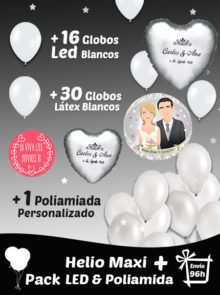 16 Globos LED Blancos + 30 globos blancos + Globo Poliamida Personalizados y Helio Grande · Pack LED Grande