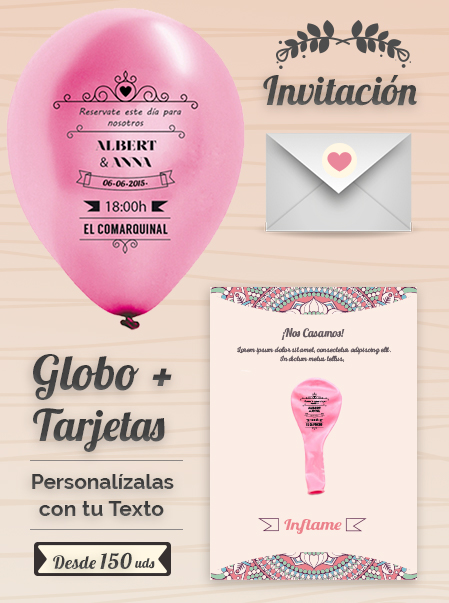 Invitaciones de Boda 2: Tarjeta y Globo Personalizado + Sobre | Globo 25 cm Metalizado