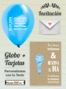 Invitaciones de Boda 3: Tarjeta y Globo Personalizado + Sobre | Globo 25 cm Metalizado