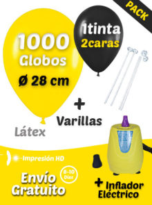 1000 Globos Personalizados 28 cm 2 caras 1 tinta+ 1000 Varillas + Inflador Eléctrico Pack Ahorro