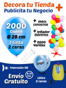 2000 Globos Personalizados 28 cm 2 caras 1 tinta + 2000 Varillas + Inflador Eléctrico + Expositor Pack Decora Tu Tienda +